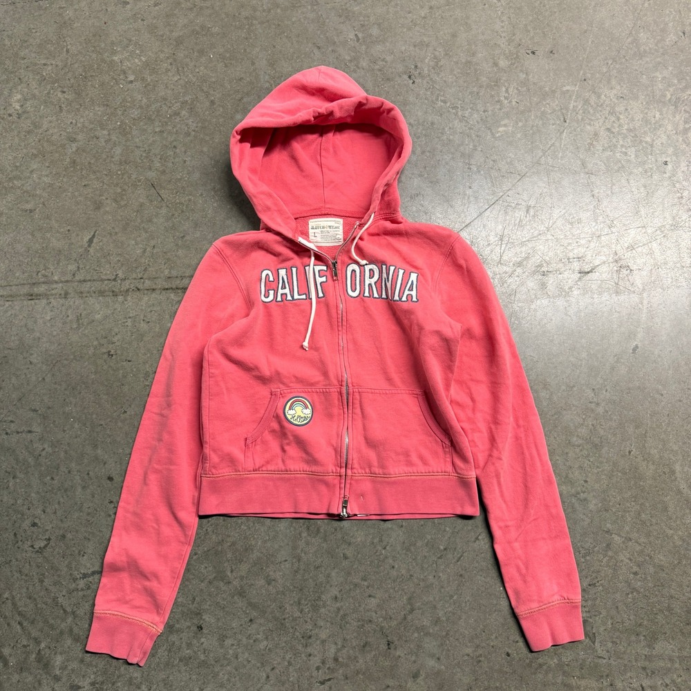 Hollister California Full Zip Hoodie Pink Graphic Sweatshirt Large Rainbow Patch